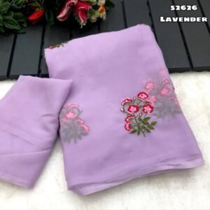 Faux georgette floral design embroidery purple work saree