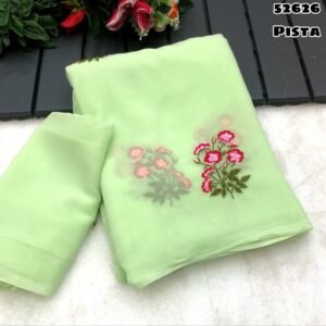 Faux georgette floral design embroidery green work saree