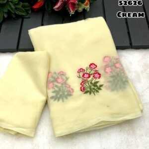 Faux georgette floral design embroidery yellow work saree