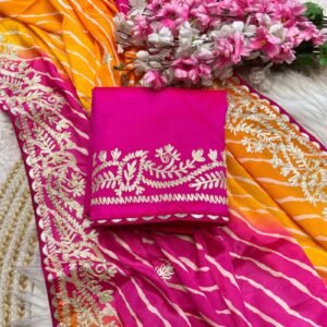 Beautiful soft chinon silk lehriya multi saree with heavy cpallu ribbon gota work nd butti in whole saree
