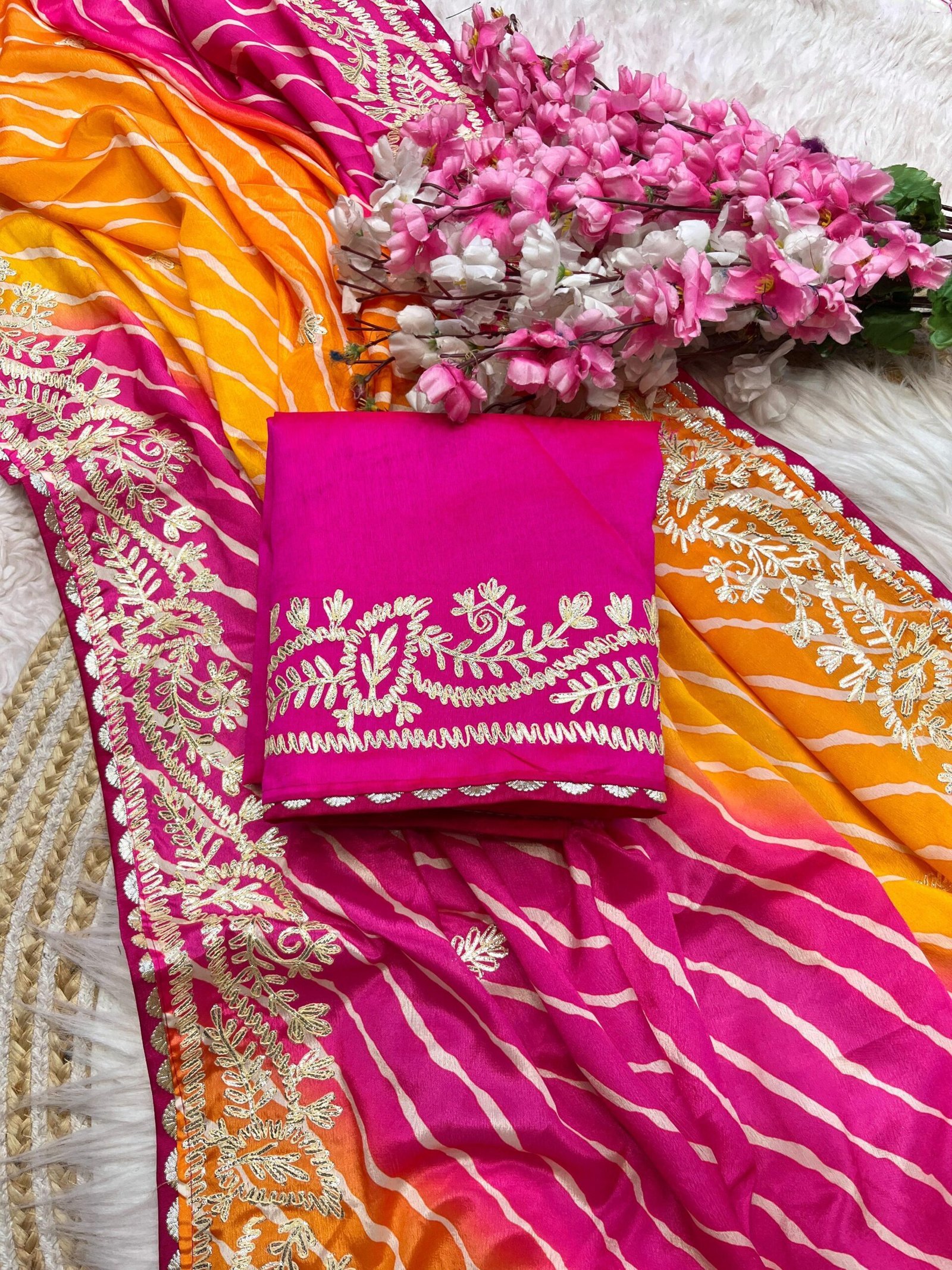 Beautiful soft chinon silk lehriya multi saree with heavy cpallu ribbon gota work nd butti in whole saree