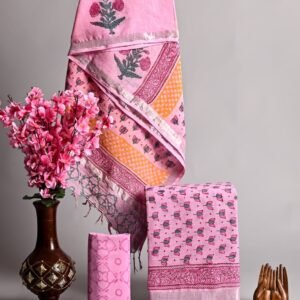 Hand Block Printed Linen Suits With Zari Border