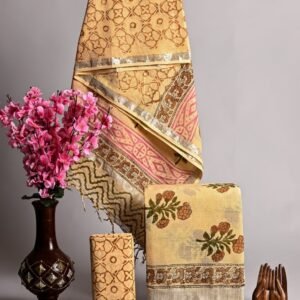 Hand Block Printed Linen Suits With Zari Border