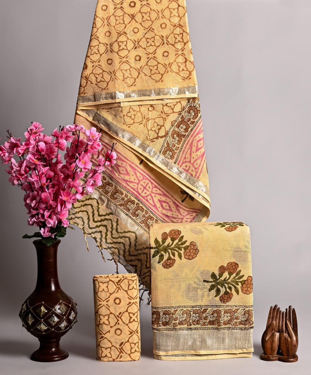 Hand Block Printed Linen Suits With Zari Border