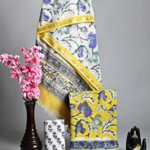 Hand Block Printed Linen Suits With Zari Border