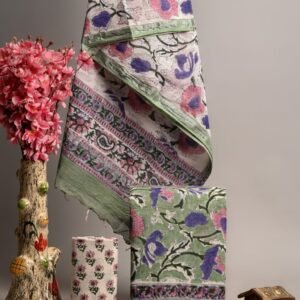 Hand Block Printed Linen Suits With Zari Border