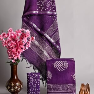 Hand Block Printed Linen Suits With Zari Border