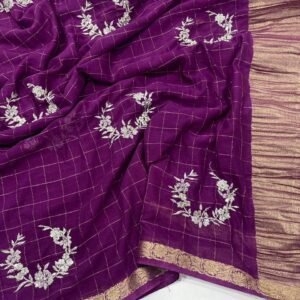 Pure chinnon Viscose Chex embroidery Saree With running blouse