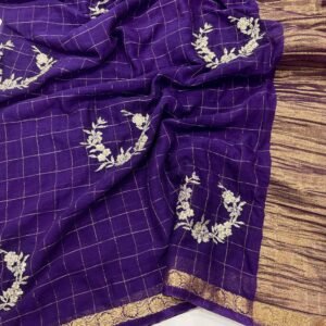 Pure chinnon Viscose Chex embroidery Saree With running blouse