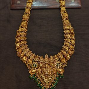 22K Gold 'Lakshmi Kasu - Peacock' Long Necklace With Color Stones