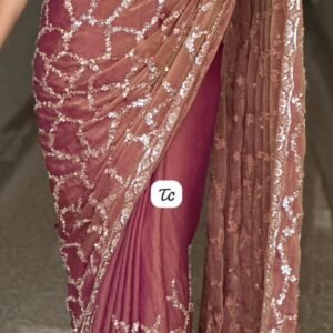 Moss Sattin Dual Shad Multi Emrodairy Sequence Work Saree With Running Blouse