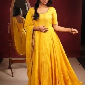Yellow Chinnon Silk Anarkali Suit Set