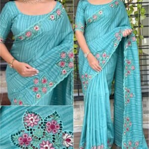 Tusser cotton with multi thread Embroidery work in saree with cutwork