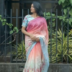 Linen With Gold jari patta with Digital print