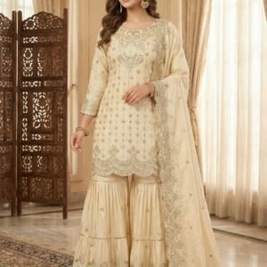 Heavy Chinon With Heavy 5mm Embroidery Sequence Work Top with Sarara Plazo