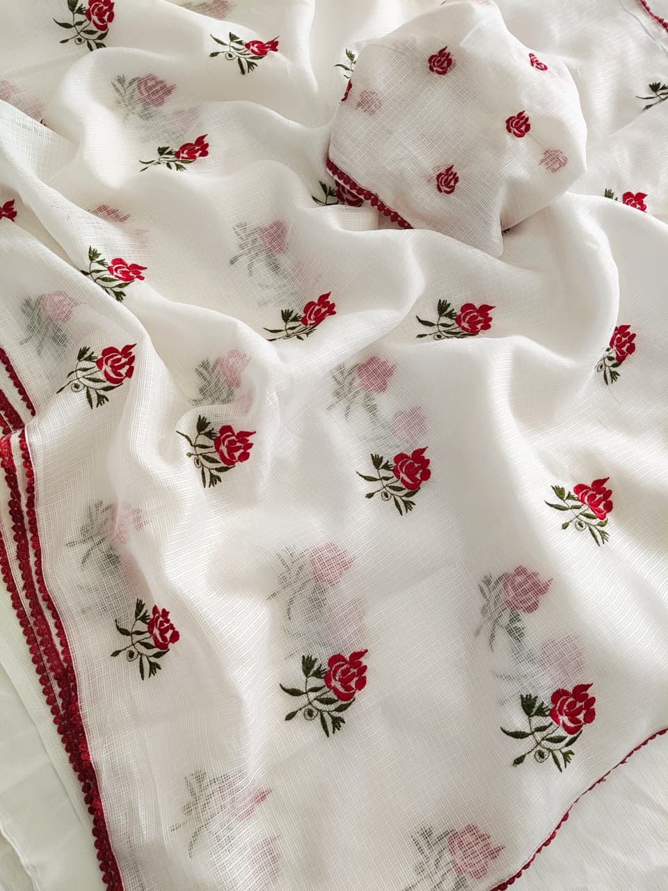 Primium Soft Kota Doriya Fabric With Cross stitch Multy Thread Work Sarees.