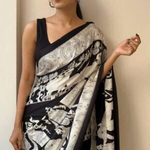Satin Kalmkarri Saree Black