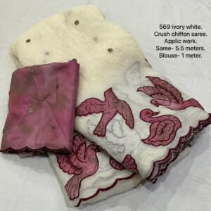 Soft ivory white crush chiffon saree