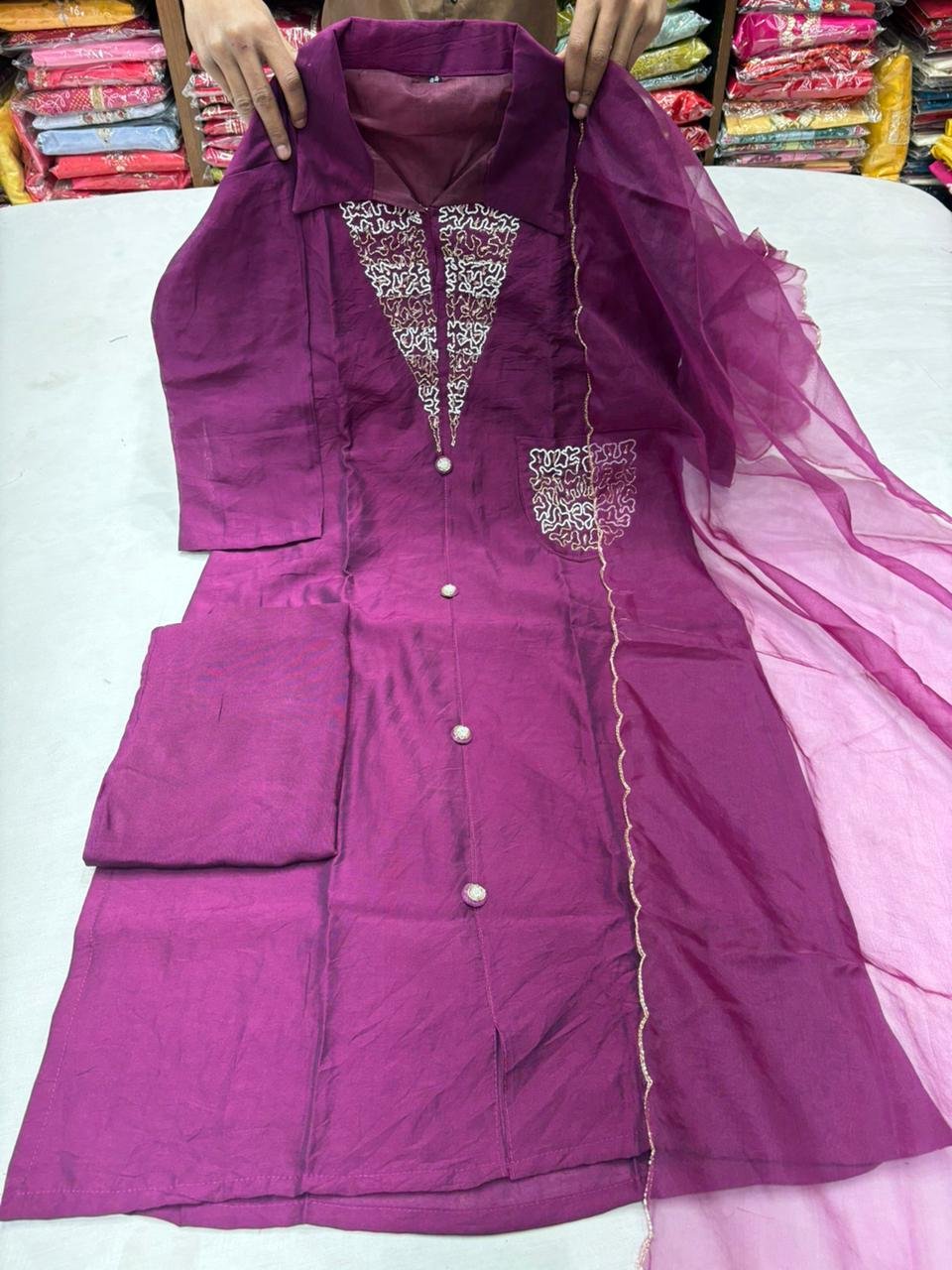 Handloom Modal Silk Kurti/Premium quality fabric/Hand Work/Motti Work With Duppta nd Pants
