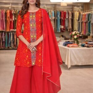 Kurati Georgette bandhani print with mirror work   With sherwani pattern