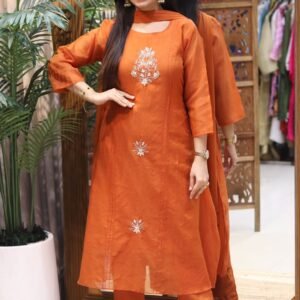 Pure Mul Chanderi Heavy Hand Work ALine Kurti Pant Dupatta