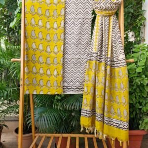 Hand Block Printed Linen Suits With Zari Border
