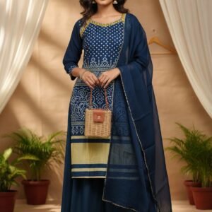Cotton Thread Embroidery Kurti sharara Dupatta set