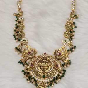 Gold Plated Green Cz-Studded Beaded Jewellery Set
