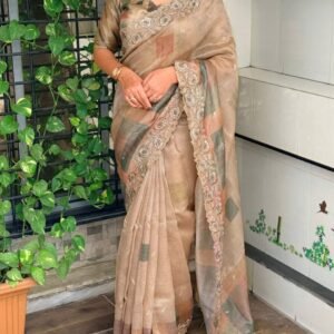 Glass organza saree with blend of Digital print, sequins, Embroidered work