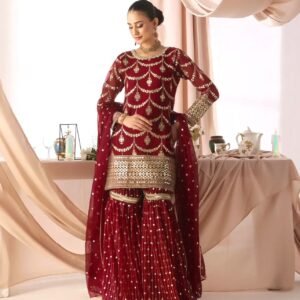 3 PIECE STYLISH KURTI, SHARARA AND DUPATTA WITH BEAUTIFUL EMBROIDERY SEQUENCE WORK