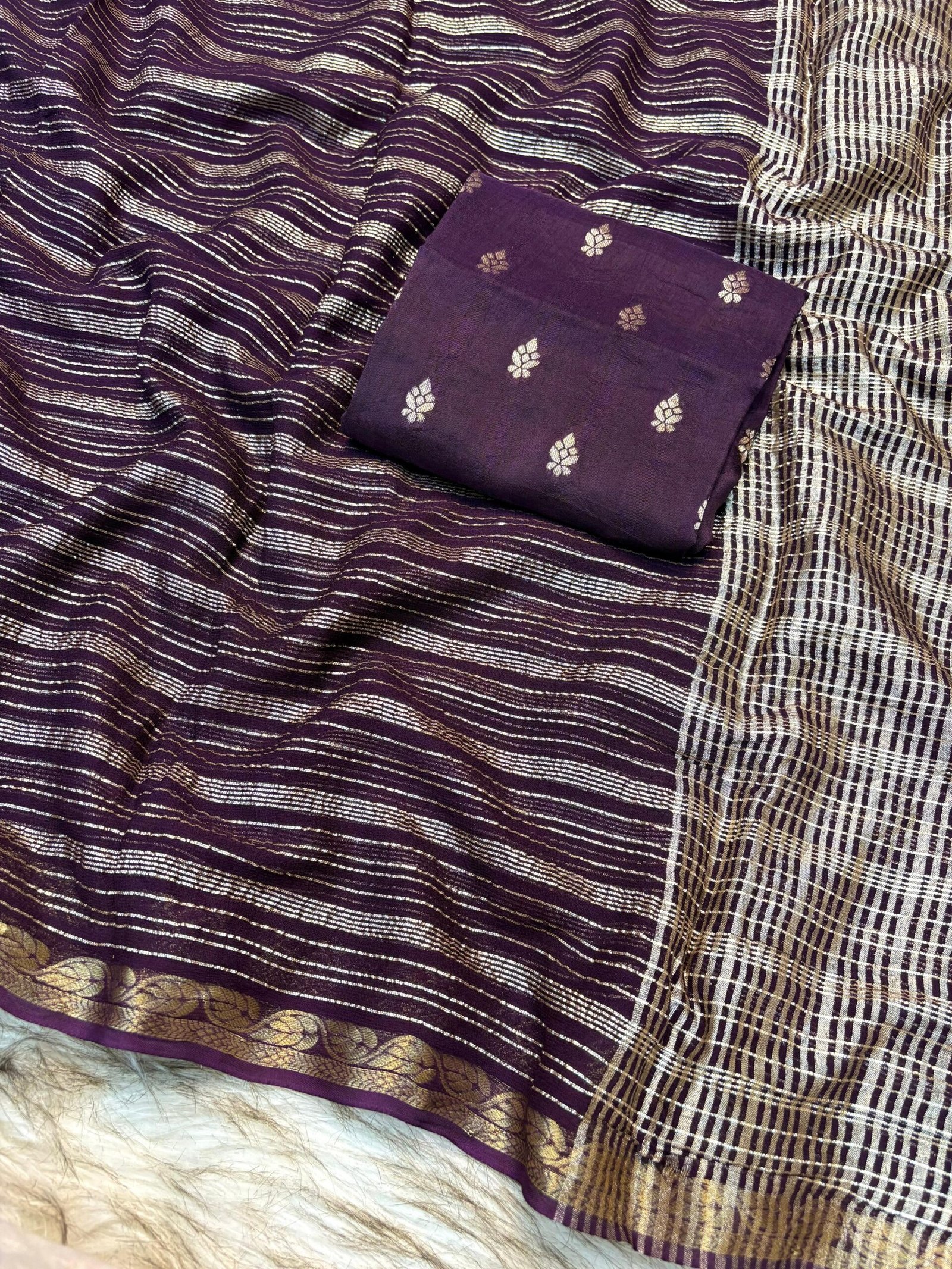 Pure viscose georgette saree with beautiful zari lining weaving jacquard border with pallu with Same color blouse