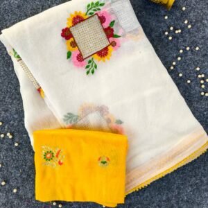 Pure paper crush saree with embroided buttas and shivroski combination with yellow embroided lace
