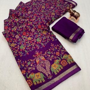 Pure soft Tusser Kashmiri printed saree with Rich Pallu & Fancy Golden Border