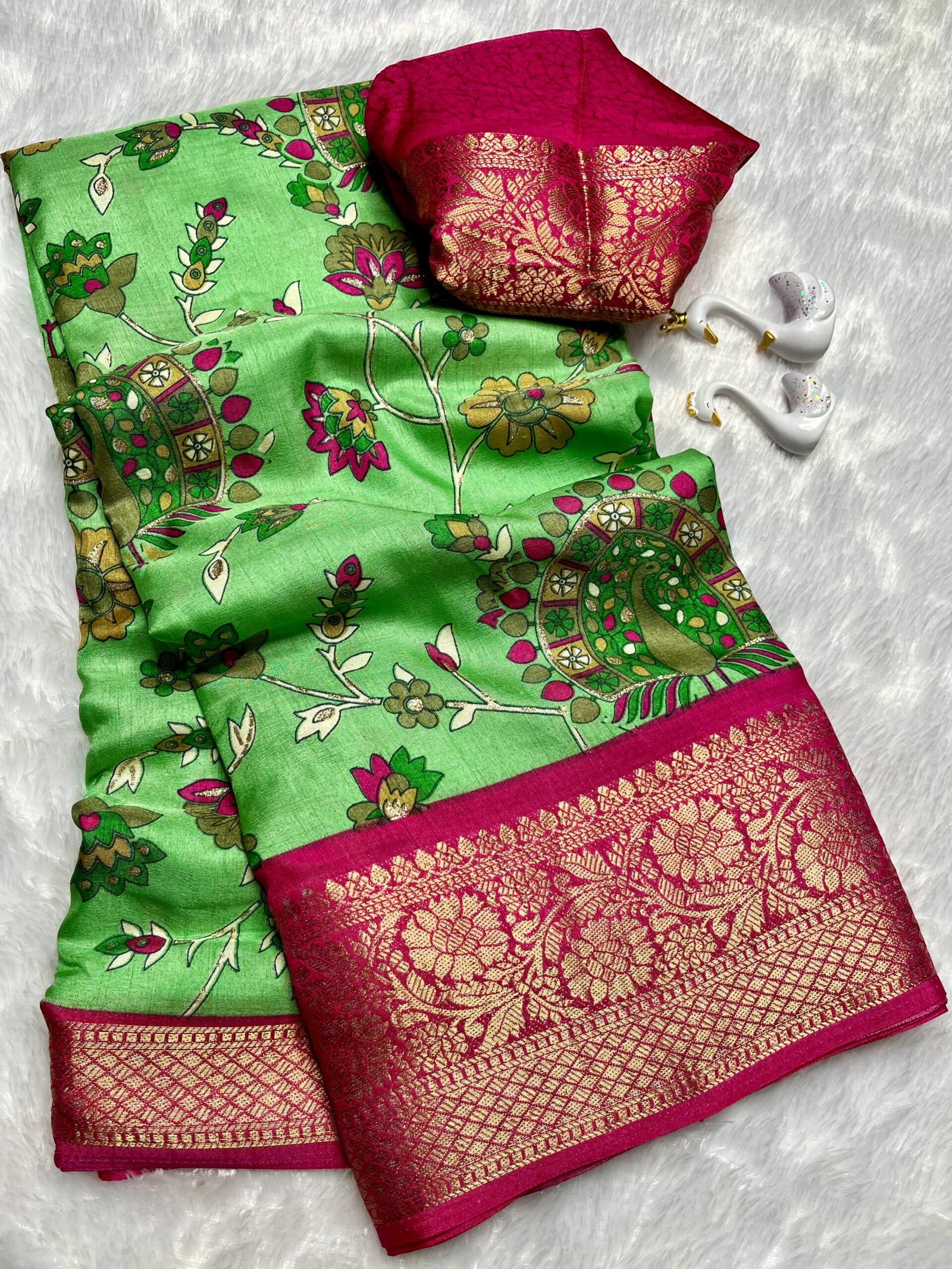 Fancy crape silk esaree with all over zari Outing along with kalamkari theme