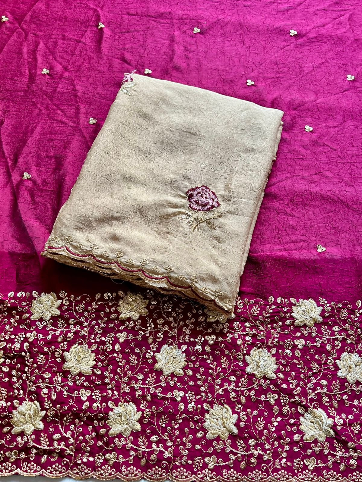 Fabric - rangoli crush silk with beautiful sequence, work, & cut work border
