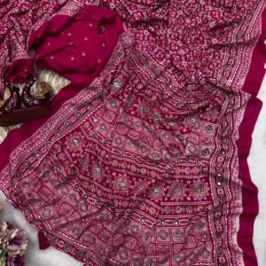 Soft crepe silk with Beautiful Ajarakh print with Zari and Real mirror work