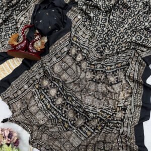 Soft crepe silk with Beautiful Ajarakh print with Zari and Real mirror work