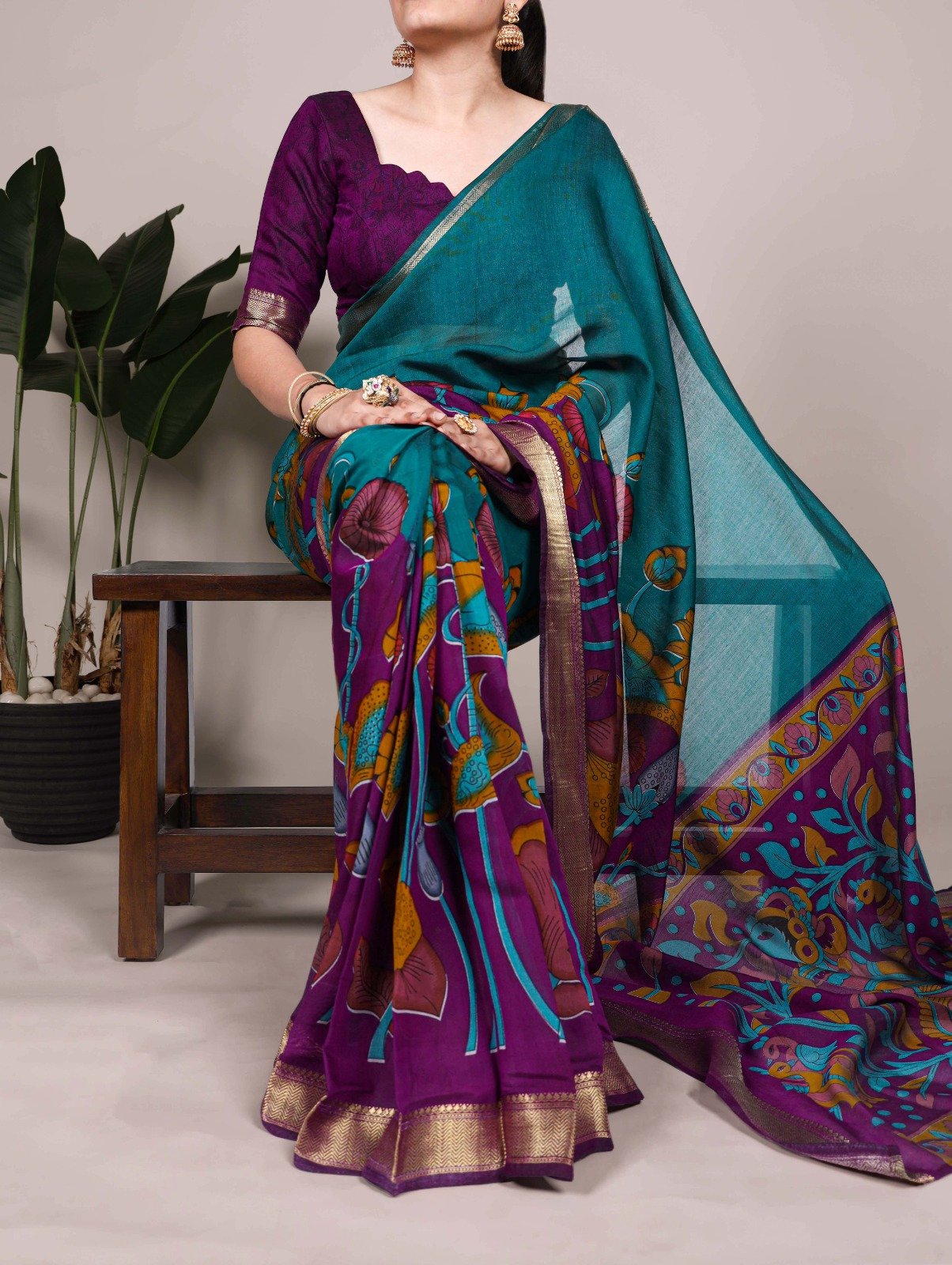 Polyester Viscose Chanderi Saree with Tradition Floral Printed With Zari Weaving Work