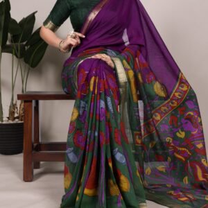 Polyester Viscose Chanderi Saree with Tradition Floral Printed With Zari Weaving Work