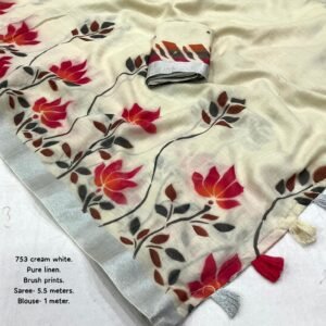 Pure viscose linen saree with silver zari pattu woven border