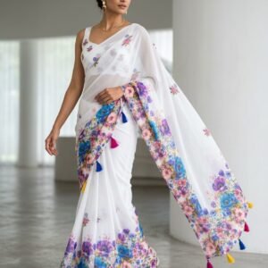 Beautiful glass organza saree with purple flora print on allover saree