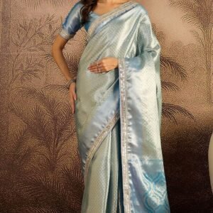 Soft sky blue silk in banarasi tissue silk with silver zari checks