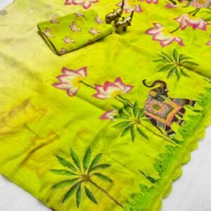 Soft chanderi cotton with floral digital printed saree with aari work and cut work border